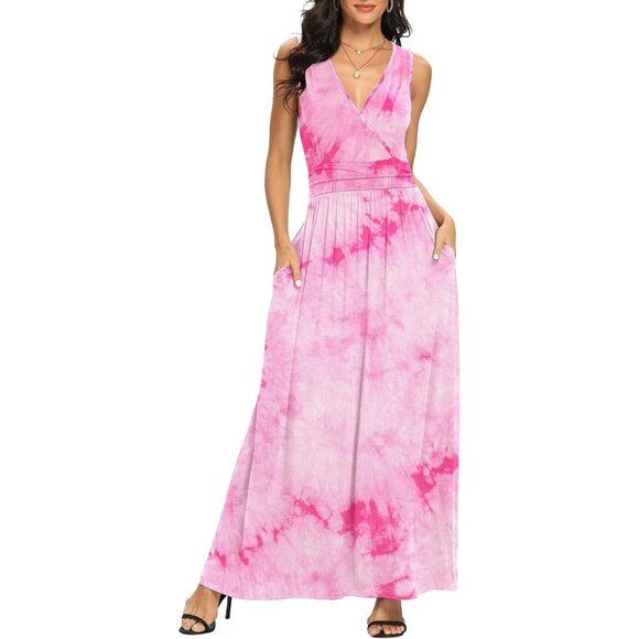 Women Flower Red Deep V Neck Sleeveless Loose Plain Long Maxi Stretchy Dress - Picture 2 of 5